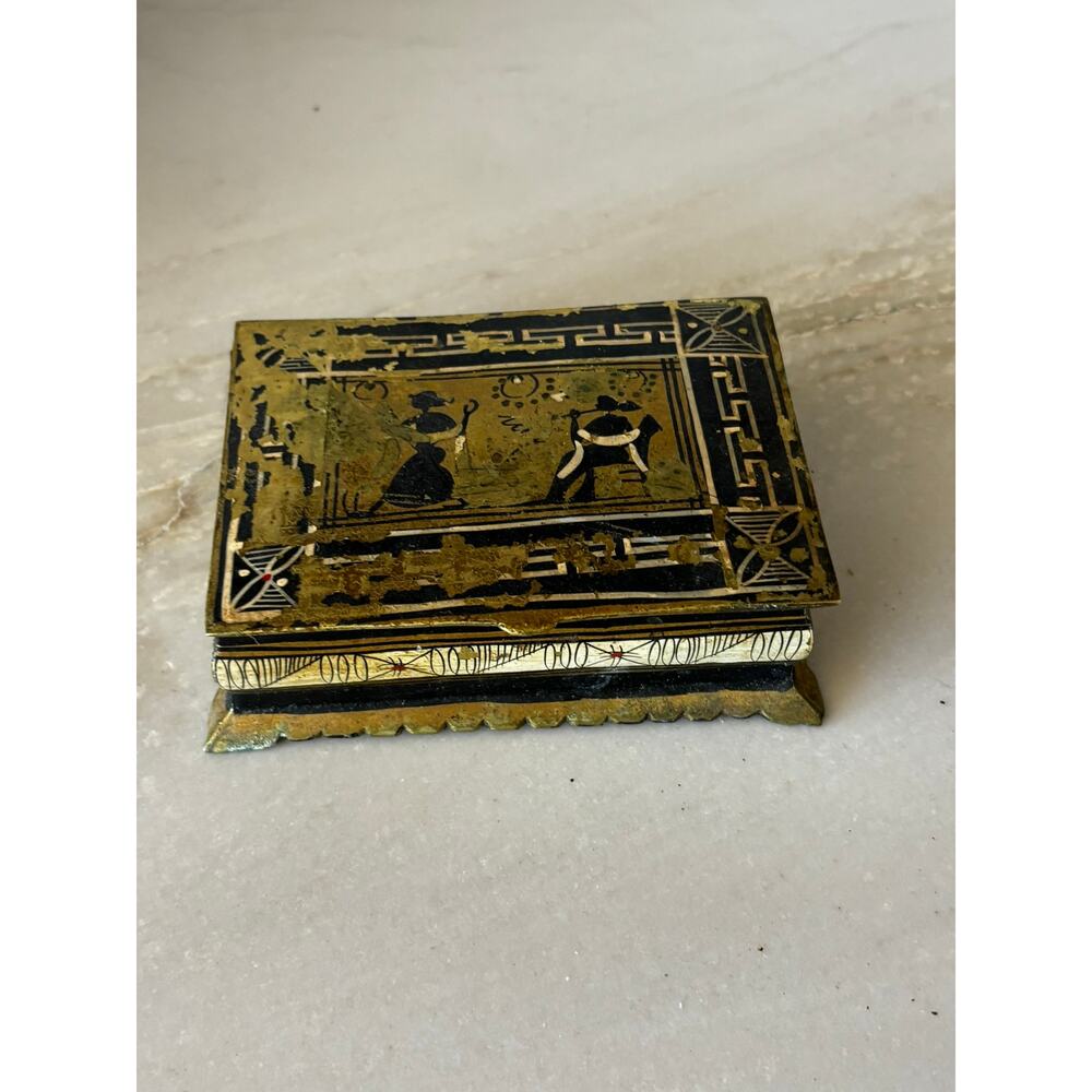 Vintage Brass & Black Lacquer Trinket Box Greek Key Classical Scene Jewelry Box